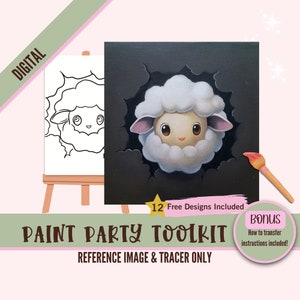 May include: Digital paint party toolkit featuring a cute cartoon sheep peeking out of a hole in a black canvas. Includes 12 free designs and instructions on how to transfer the image.