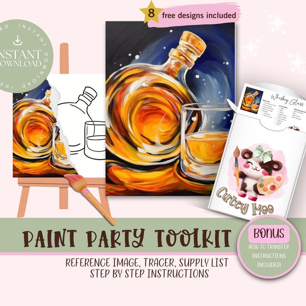 Whiskey Shot DIY Paint Party Outline For Adults  |Pre-Drawn | Art Party Paint Kit | Sip & Paint | Digital Download File, Paint Party Toolkit