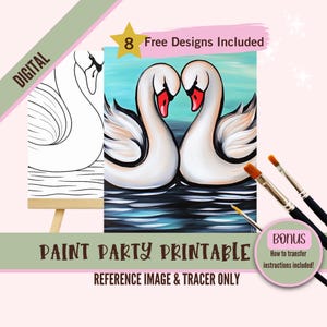 Fiesta de pintura con dos cisnes imprimible / Arte digital de pájaros enamorados con cisnes blancos / Plantilla para pintar y beber para parejas románticas