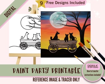 Pre Drawn Canvas Dog and Wagon Scene - Sip and Paint Kit, Moonlit Paint Party, DIY Printable Art for Adults, Fun Craft Activity