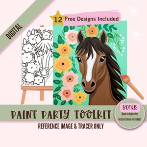 Boho Brown Pferd Malerei Party druckbar, Bauernhof Ranch Tier DIY Kunst, fertige Schablone, perfekt für Farb- und Sip Partys, Sonnenblume