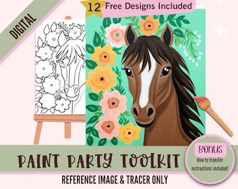 Boho Brown Horse Painting Party Printable, Farm Ranch Animal DIY Art, Pre-Drawn Canvas Stencil, Perfect for Paint and Sip Parties, Sunflower