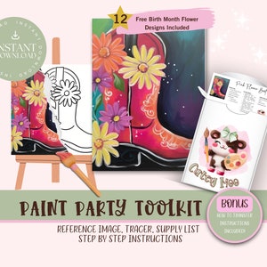 Cowgirl Boot DIY Paint Party para adultos y niños /Pre-Dibujado / Art Party Paint Kit, Sip & Paint / Archivo de descarga digital, Paint Party Toolkit