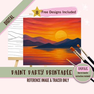Warm Sunset Mountains Paint Party Printable - Orange Gelb Geschichtete Landschaft Referenzbild & Tracer - Farbe und Schluck - Digital Download