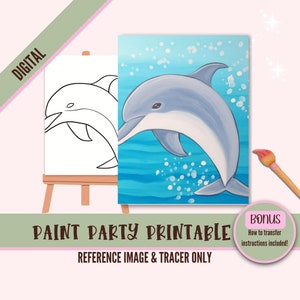 Dolphin DIY Sip N Paint Canvas Print Instant Digital Download for Art Parties, Png Party Stencil, Date Night Sip and Paint Printable