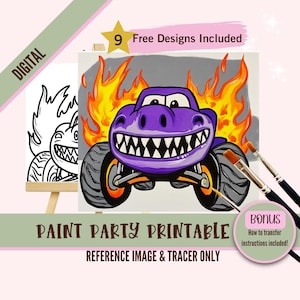 Dinosaurier Monstertruck Party, Schlucken und Malen, Party Kit Leinwand, vorgezeichnete Vorlage für DIY Kunstpartys, druckbare Schablone, digitaler Download