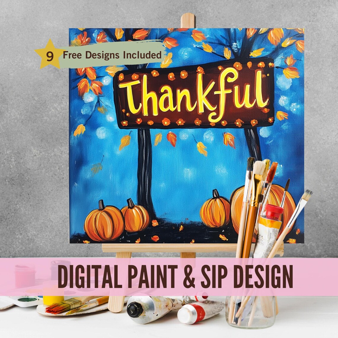Sip and Paint Party Kit Canvas, Pre Drawn Thankful Pumpkin Template for ...