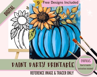 Imprimibles de fiesta de pintura DIY para otoño, Calabaza azul predibujada para fiestas de arte, Plantilla imprimible, Esquema png de noche de pintura, Descarga digital