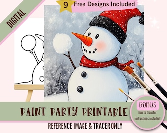 May include: Digital printable paint party design featuring a snowman wearing a red hat and scarf, holding a snowball. The design includes a reference image and a tracer.  9 free designs included. Bonus: How to transfer instructions included.