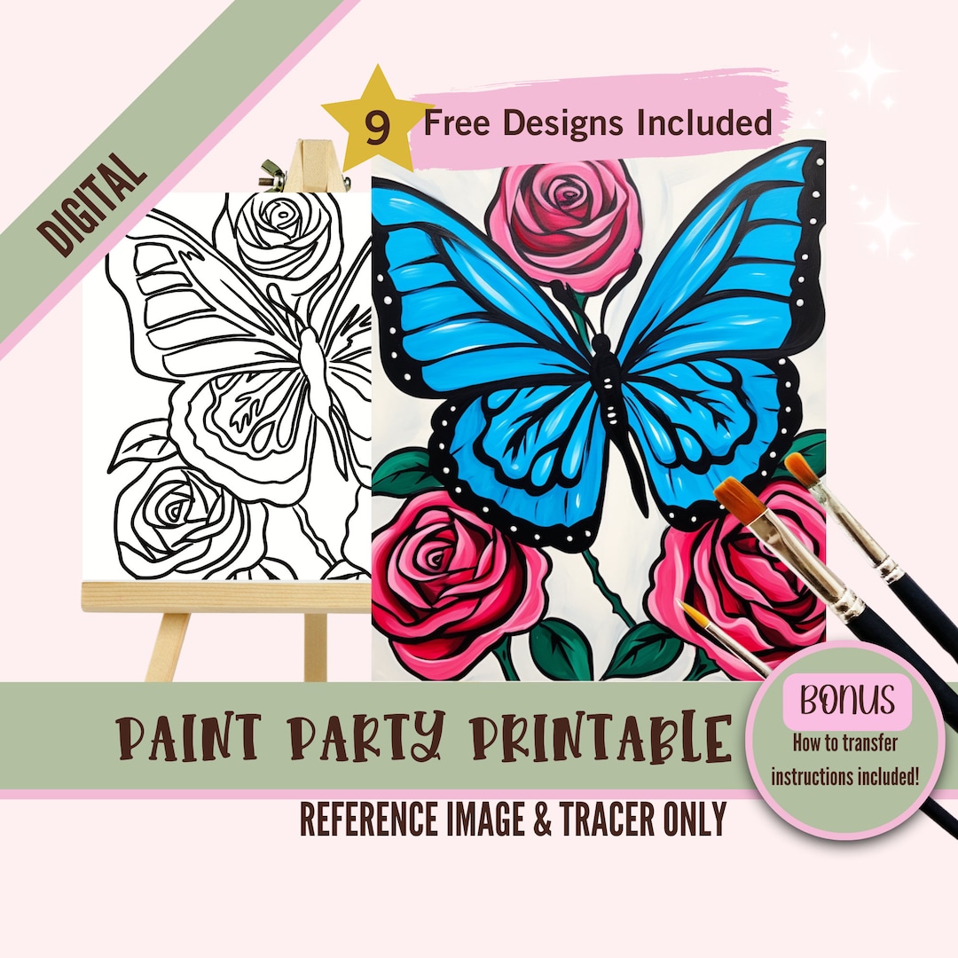 Blue Butterfly and Roses Paint Party Printable Outline, Pre Drawn ...