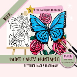 Contorno stampabile per festa di pittura con farfalle e rose blu, tela predisegnata per adulti, kit di pittura e sorso, progetto artistico di download digitale fai da te