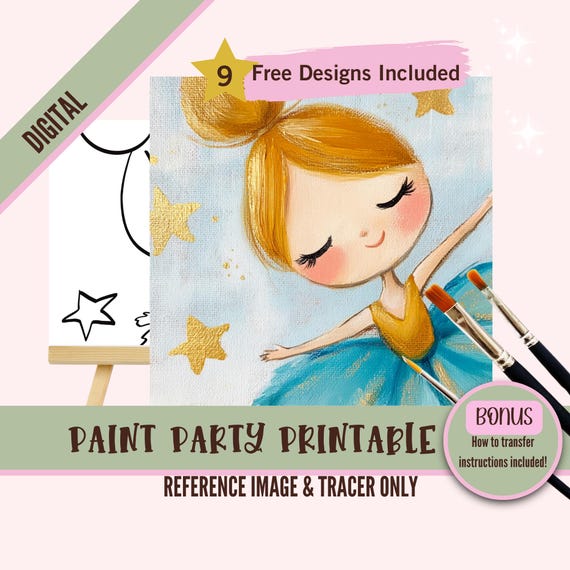 Whimsical Ballerina Sip and Paint Party Kit Canvas, Pre drawn Template for DIY Art Parties, Printable Stencil, Paint Night Png Outline