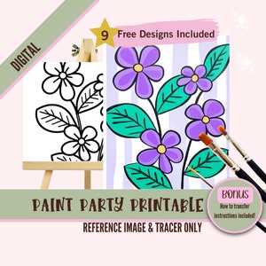 Kit de pintura de flores de violetas africanas para adultos y niños / Lienzo predibujado con pinturas / Kit de fiesta de arte DIY / Plantilla imprimible de pintura y sorbo