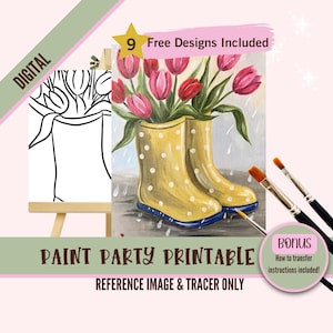 Regen Stiefel Farbe Party druckbare, Blumen Boot Malerei Vorlage, Frühling Tulpen DIY Kunstaktivität, Kinder malen Nacht, Sofort Download Handwerk