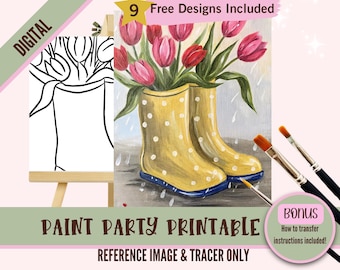 Rain Boots Paint Party Printable, Floral Boot Painting Template, Spring Tulips DIY Art Activity, Kids&#39; Paint Night, Instant Download Craft