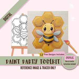 Kit de fiesta de pintura de abejas: lienzo predibujado, pintura y sorbo para adultos, adolescentes y niños, descarga de arte digital, artesanía animal divertida, proyecto de bricolaje fácil