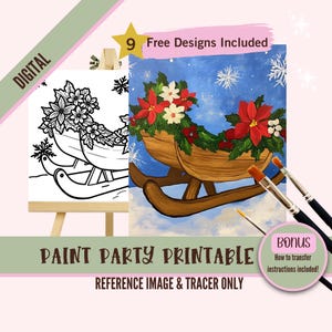 Christmas Sled Sip and Paint Downloadable Stencil Art, Holiday Acrylic Painting Party Image Transfers, Paint Night Canvas Digital Download