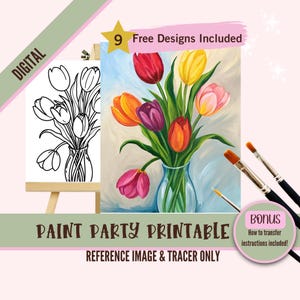 Muttertag Tulpe Malerei Tracer - Digitale Farbe Party druckbar, DIY Blumenkunst, Frühling Malerei, einfach Anfänger Leinwand Kunst, PNG Download