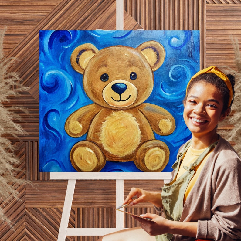 Digital Paint Party Toolkit featuring a teddy bear design. Includes a pre-drawn canvas tracer and instructions for an easy and fun paint and sip event. Perfect for adult craft parties and art enthusiasts.