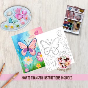 May include: A printable colouring page featuring a butterfly with flowers and a cute cartoon character holding a paintbrush and palette. The text "Curley Moo" is at the bottom of the page.  How to transfer instructions are included.