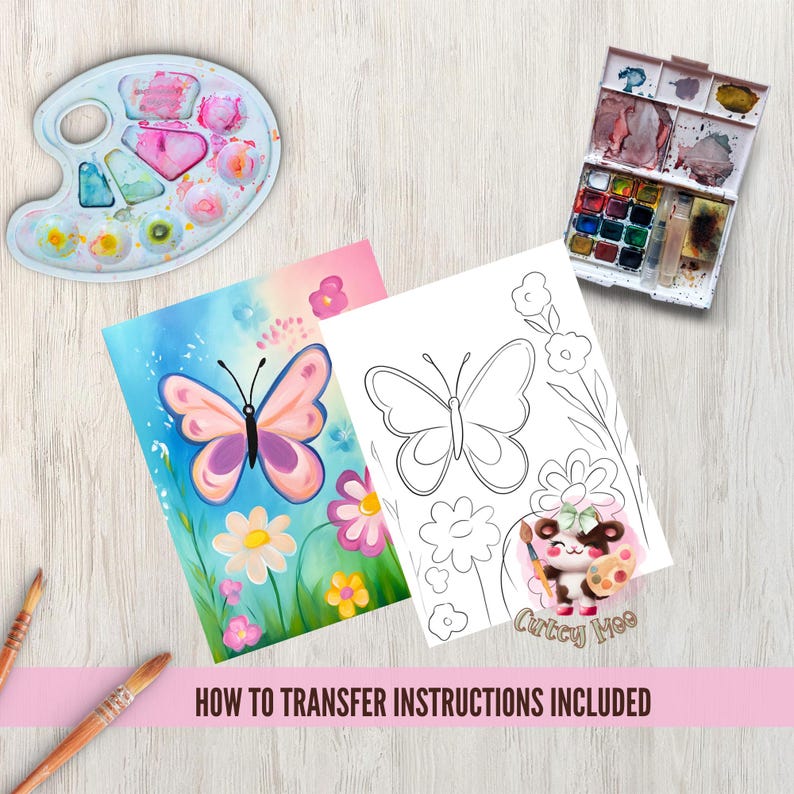 May include: A printable colouring page featuring a butterfly with flowers and a cute cartoon character holding a paintbrush and palette. The text "Curley Moo" is at the bottom of the page.  How to transfer instructions are included.