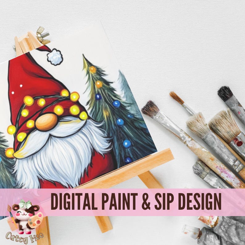May include: Digital paint and sip design featuring a gnome wearing a red hat with yellow lights, standing in front of a green Christmas tree with blue ornaments. The design is on a small canvas easel with paintbrushes on a white surface.