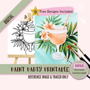 Kit de pintura de bebidas tropicais | Tela pré-desenhada para adultos | Festa de pintura e gole DIY | Modelo para impressão de arte de verão, arquivo digital de férias