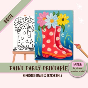 May include: A digital paint party printable featuring a pair of red rain boots with white polka dots, filled with pink, blue, and yellow flowers. The printable includes a reference image and a tracer.