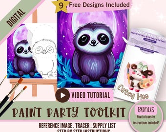 Dreamy Sloth Paint Party Kit - Digital Painting Tutorial, DIY Painting, Virtual Paint Night, Paint & Sip, Sloth Art, Kids and Adults Craft