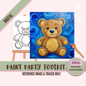 Digital Paint Party Toolkit featuring a teddy bear design. Includes a pre-drawn canvas tracer and instructions for an easy and fun paint and sip event. Perfect for adult craft parties and art enthusiasts.