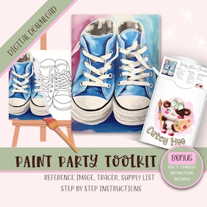 Kit de pintura y sorbo con instrucciones, fiesta de pintura imprimible para niños y adultos, pintura y sorbo de zapatillas, plantilla de kit de pintura, descarga digital