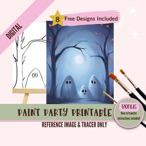 Fiesta de pintura de trío fantasma imprimible, kit de arte de Halloween para niños, plantilla de pintura de bosque tenebroso a la luz de la luna, descarga de manualidades de otoño