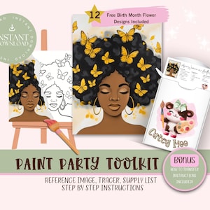 Kit de imágenes imprimibles para fiestas de pintura para adultos, instrucciones de descarga de diseño de plantilla PNG prediseñada para beber y pintar, contorno de pintura sobre lienzo PNG
