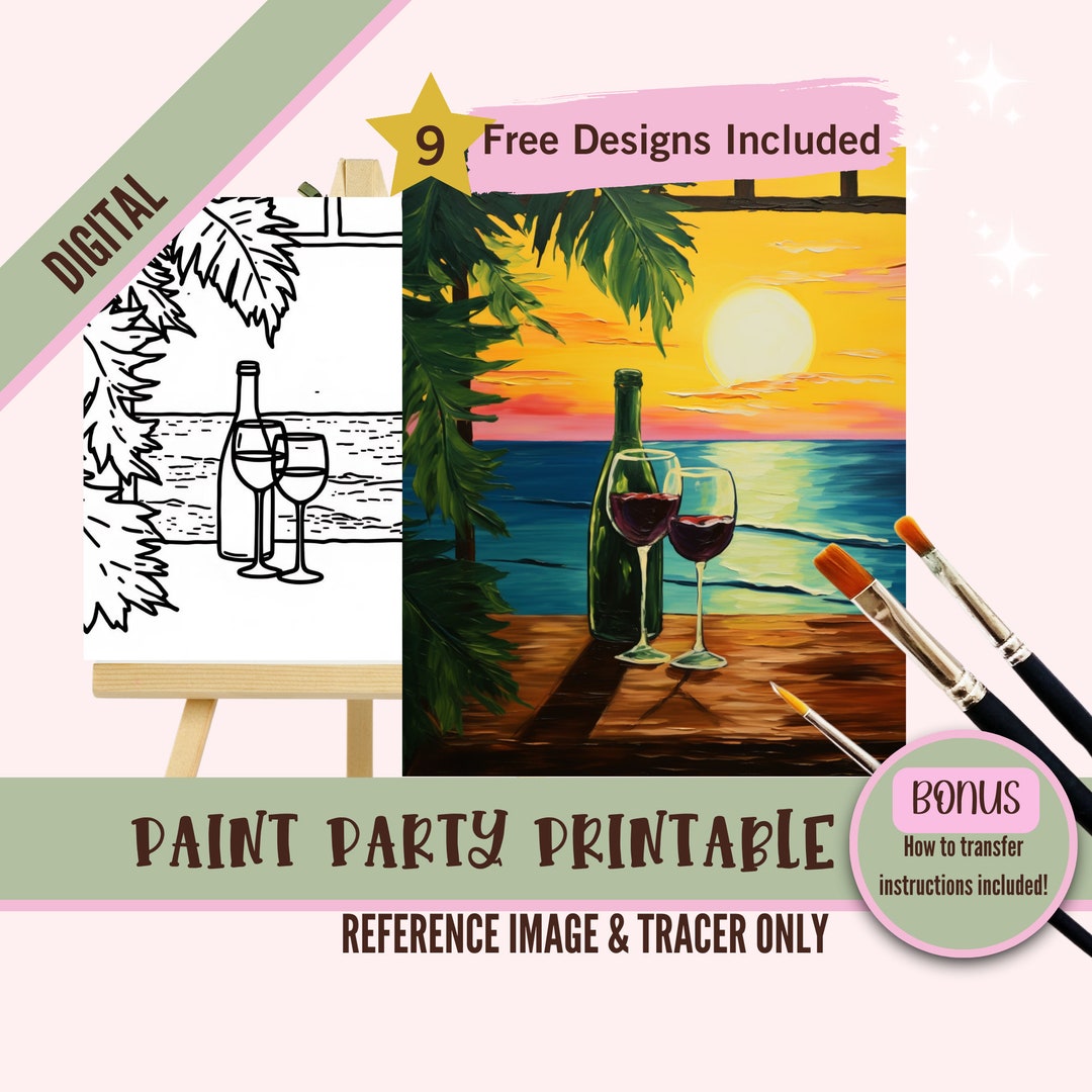 Wine and Sunset Paint and Sip Kit, Pre Drawn Canvas for Adults, Fun and ...