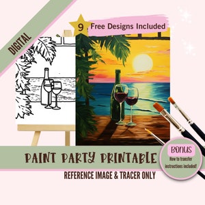 Kit de pintura y sorbo de vino y puesta de sol, lienzo predibujado para adultos, fiesta de pintura divertida y relajante, ideal para principiantes, descarga digital