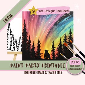 以下が含まれることがあります： 森の中に、カラフルなオーロラを仰ぎ見る熊のシルエットが描かれた、ペイントパーティー用印刷可能なデジタルダウンロードです。印刷可能なファイルには、参照画像とトレーサーが含まれています。