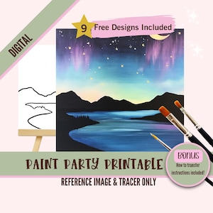 Kit de festa de pintura e paisagem em tela, modelo pré-desenhado para festas de arte DIY, estêncil para impressão, contorno de PNG de noite de pintura, vista para a montanha