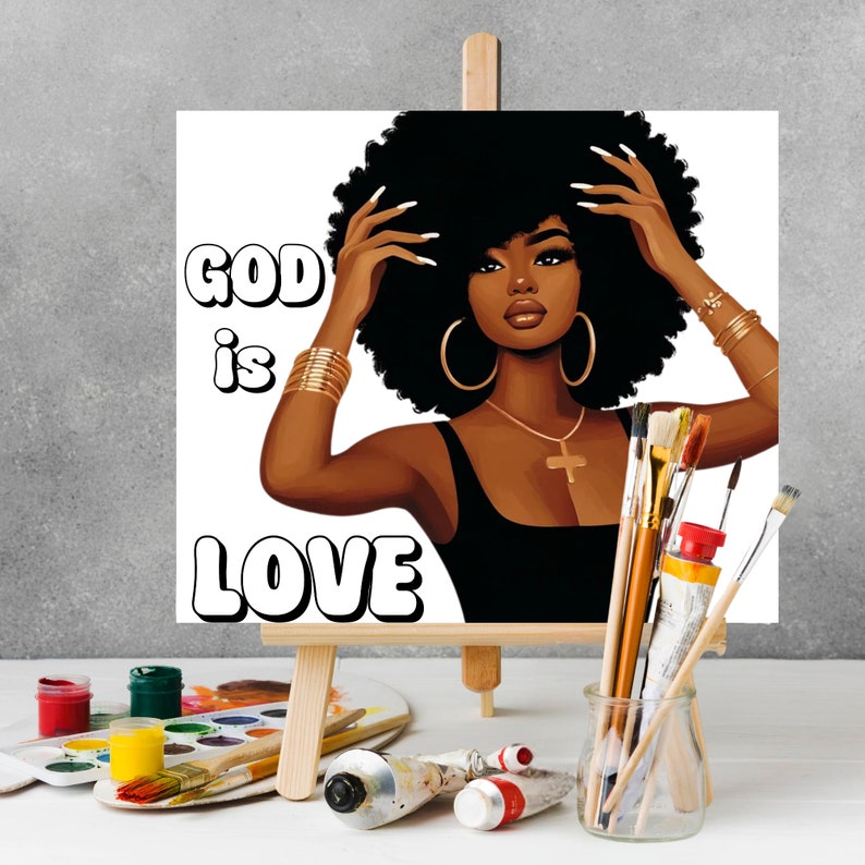 This digital painting kit features a 'God is Love' Afro woman theme with a pre-drawn canvas, perfect for sip and paint parties. Suitable for adults and teens, the DIY art kit includes detailed transfer instructions.