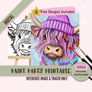 May include: Digital download of a paint party printable featuring a Highland cow wearing a purple beanie and a blue scarf. The image includes a reference image and a tracer for painting.