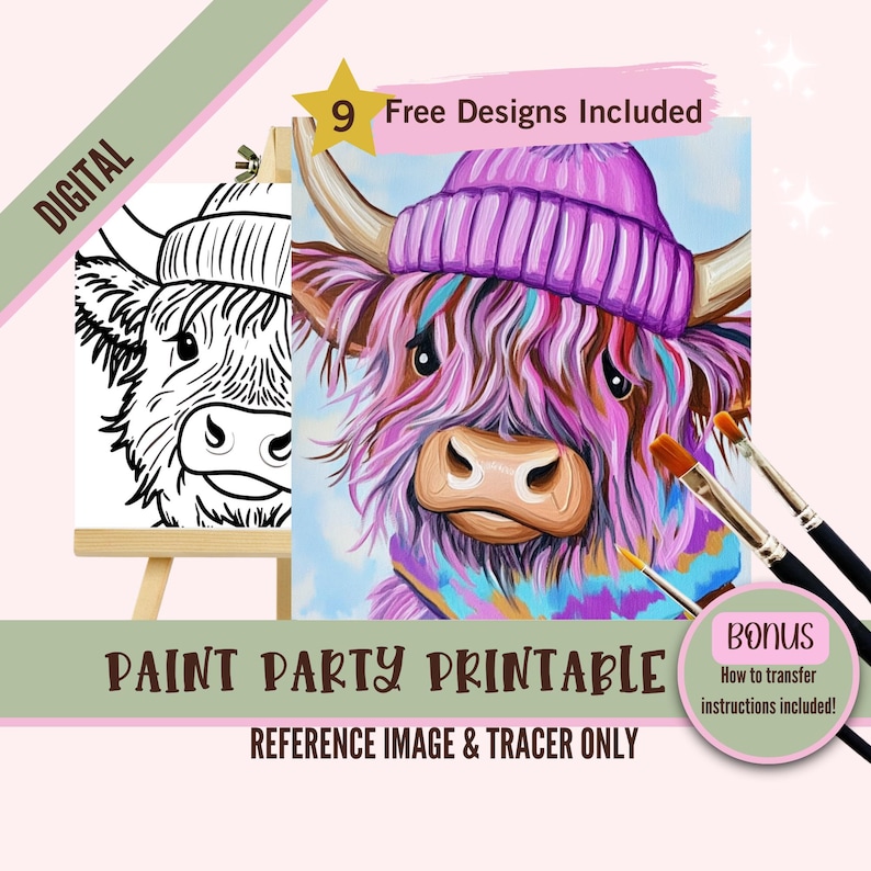 May include: Digital download of a paint party printable featuring a Highland cow wearing a purple beanie and a blue scarf. The image includes a reference image and a tracer for painting.