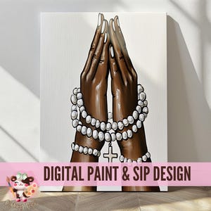 May include: A digital painting of two hands clasped in prayer, adorned with a string of white pearls and a silver cross pendant. The hands are brown and the background is white.