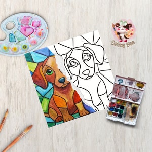 Digital Paint Party Toolkit featuring a stained glass dog design. Includes pre-drawn canvas tracer for easy paint and sip events. Perfect for adult craft parties, DIY art projects, and painting enthusiasts looking for a fun and creative activity.