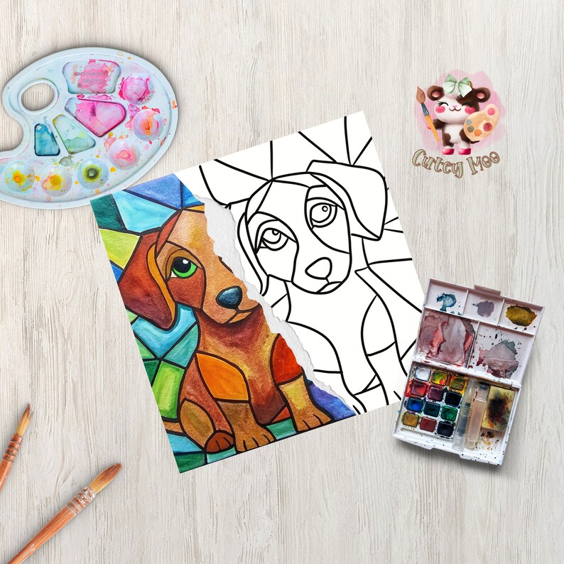 Digital Paint Party Toolkit featuring a stained glass dog design. Includes pre-drawn canvas tracer for easy paint and sip events. Perfect for adult craft parties, DIY art projects, and painting enthusiasts looking for a fun and creative activity.