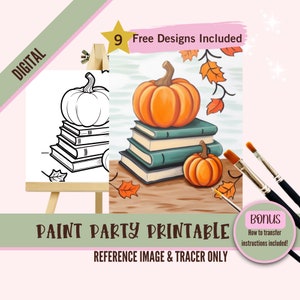 May include: Digital paint party printable featuring a stack of books with an orange pumpkin on top. A smaller pumpkin sits on the table next to the books. The printable includes a black and white outline for tracing.