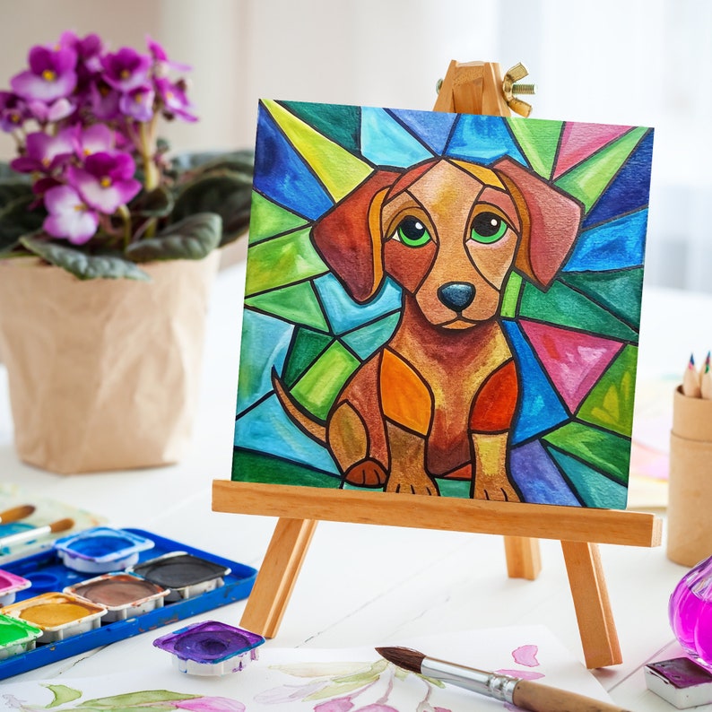 Digital Paint Party Toolkit featuring a stained glass dog design. Includes pre-drawn canvas tracer for easy paint and sip events. Perfect for adult craft parties, DIY art projects, and painting enthusiasts looking for a fun and creative activity.