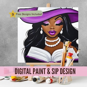 Pode incluir: Design de pintura digital com uma mulher de cabelo preto comprido usando um chap&eacute;u roxo e lendo um livro. O design inclui o texto "Digital Paint & Sip Design".