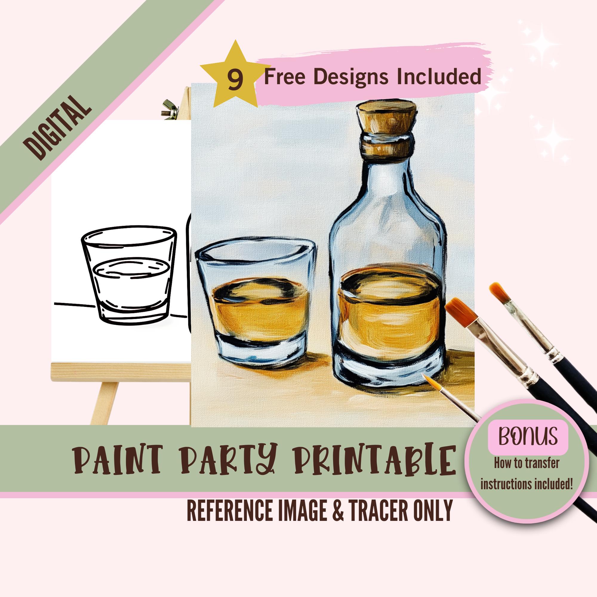 Sip and Paint Party Kit Canvas, Pre Drawn Whiskey Glass Template for ...