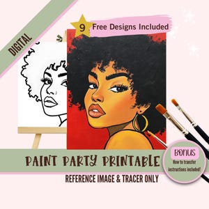 Afro Sip and Paint Party Kit Canvas, Pre drawn Template for DIY Art Parties, Printable Stencil, Paint Night Png Outline, Digital Download