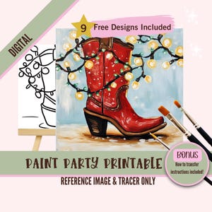 May include: Digital paint party printable featuring a red cowboy boot with white lights wrapped around it. The boot is on a light blue background with white snow. The image includes a black and white line drawing of the boot for tracing.