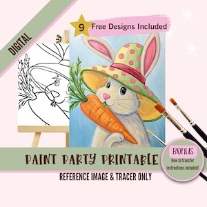 May include: A digital paint party printable featuring a colorful bunny holding a carrot and wearing a hat with pink polka dots. Includes a black and white tracer image and the text "Paint Party Printable". Bonus instructions included.